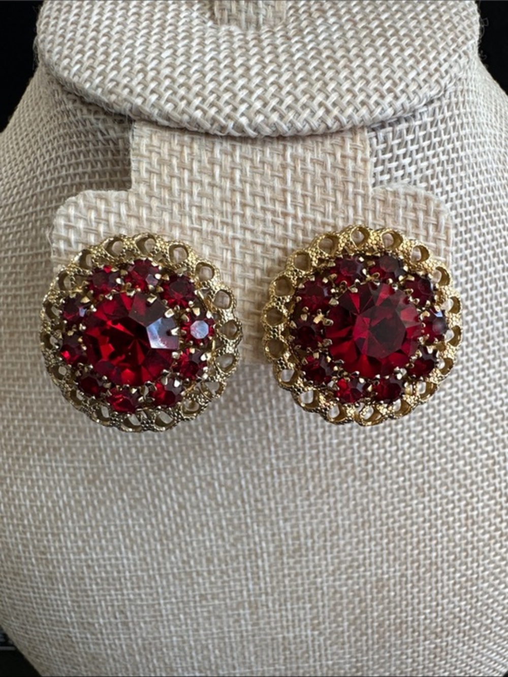 VTG Clip on Earrings - Goldtone Filagree with Ruby Red Rhinestones